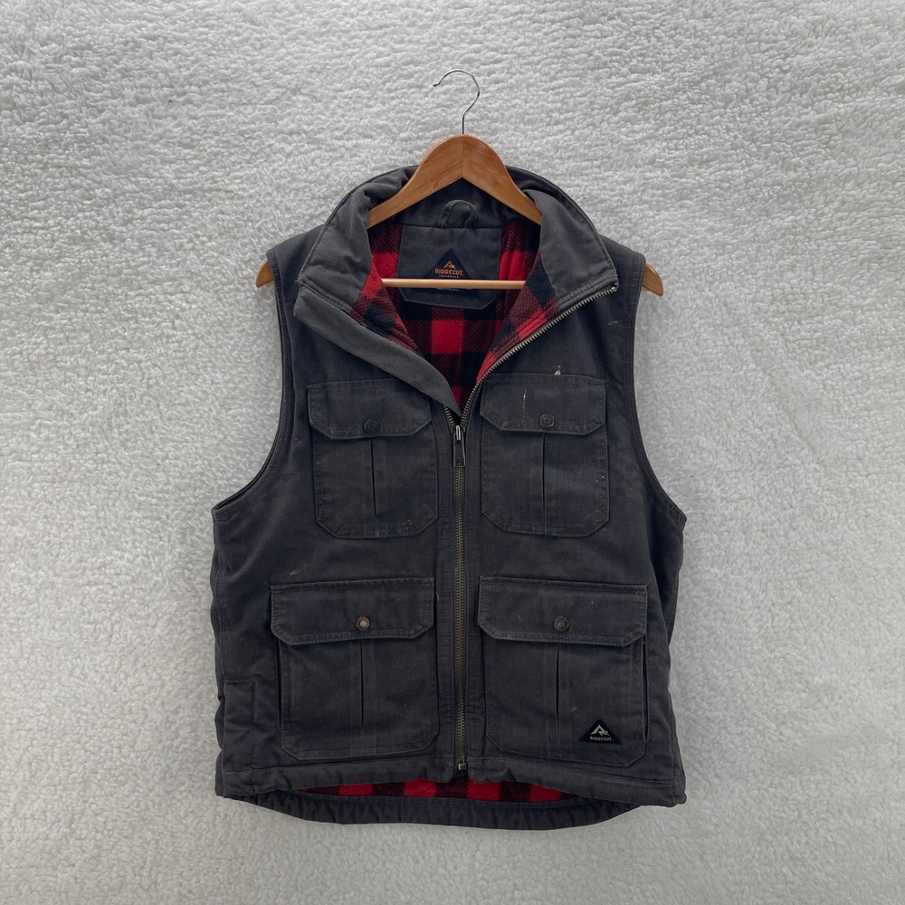 Ridgecut Vest Mens M Gray Canvas Fleece Lined Buffalo Plaid Workwear Outdoor Y2K
